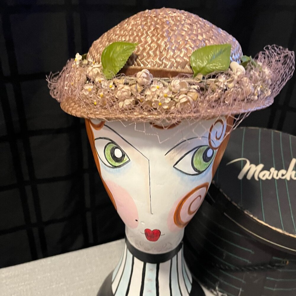 Vintage 1950s Valerie Modes Woven Straw Hat, netting, velvetribbon,satin flowers